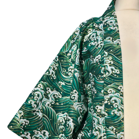 Green and gold japanese-style wave print cotton haori kimono jacket