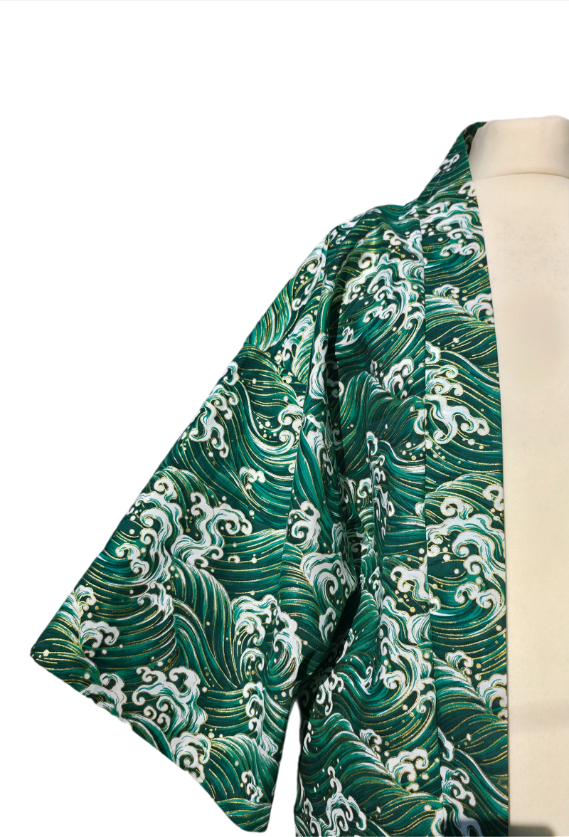 Green and gold japanese-style wave print cotton haori kimono jacket