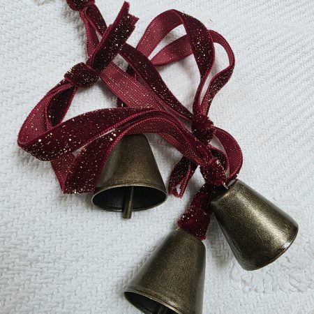 Three Bronze Jingle Bells with Red and Gold Velvet Hangers
