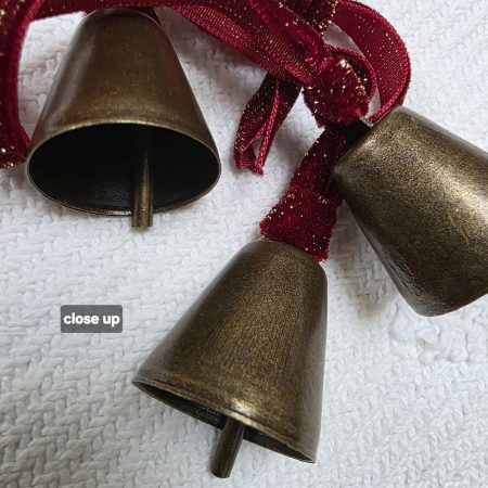 Three Bronze Jingle Bells with Red and Gold Velvet Hangers