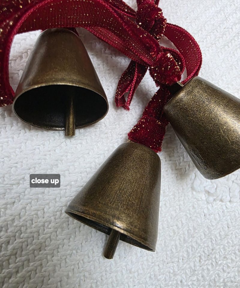 Three Bronze Jingle Bells with Red and Gold Velvet Hangers
