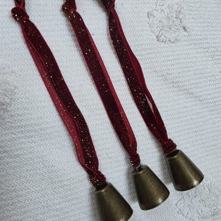 Three Bronze Jingle Bells with Red and Gold Velvet Hangers