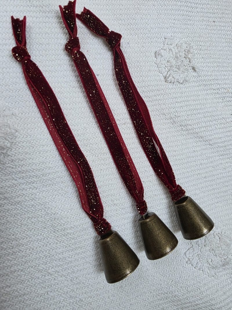 Three Bronze Jingle Bells with Red and Gold Velvet Hangers