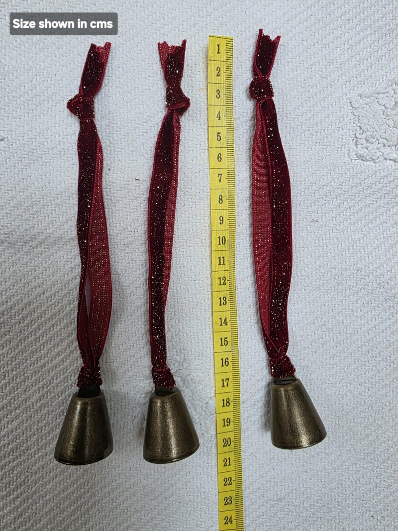 Three Bronze Jingle Bells with Red and Gold Velvet Hangers