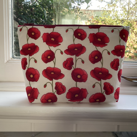 Stunning Red/White Cotton Poppy Print Handmade, Zipped, Lined, Make Up/Cosmetic/Wash Bag