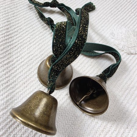 3 Bronze Jingle Bells with Forest Green and Gold Velvet Hangers