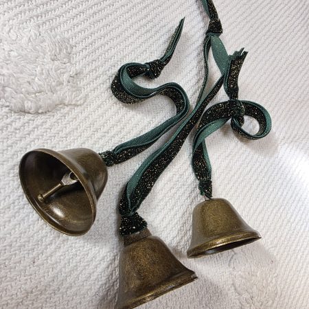 3 Bronze Jingle Bells with Forest Green and Gold Velvet Hangers