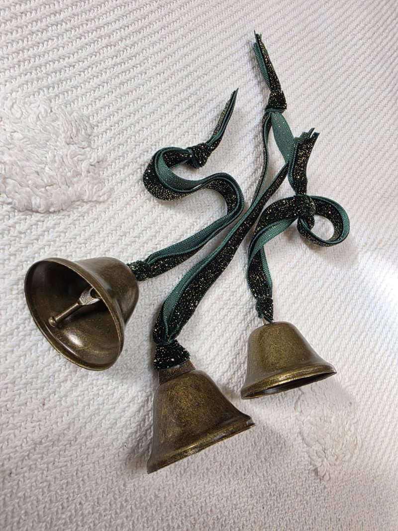 3 Bronze Jingle Bells with Forest Green and Gold Velvet Hangers