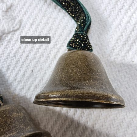3 Bronze Jingle Bells with Forest Green and Gold Velvet Hangers