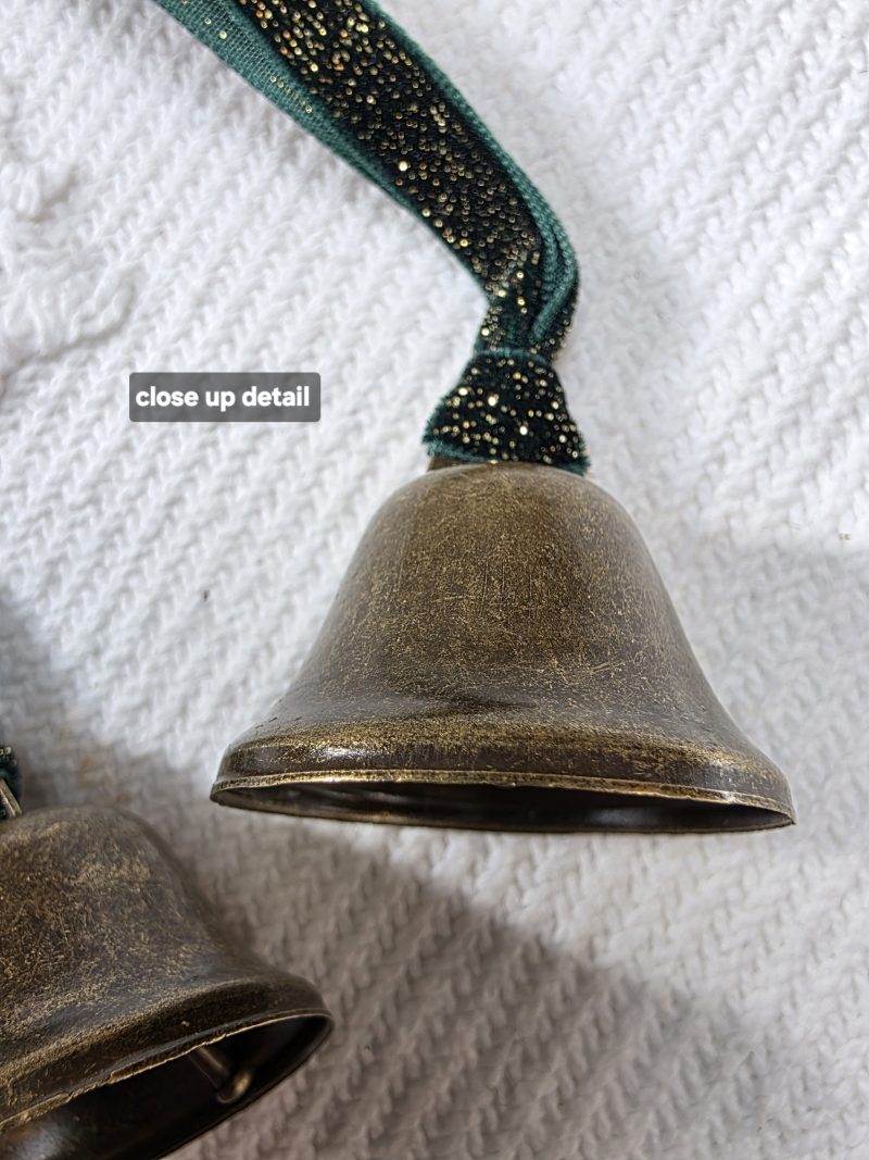 3 Bronze Jingle Bells with Forest Green and Gold Velvet Hangers