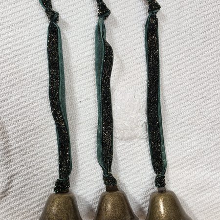 3 Bronze Jingle Bells with Forest Green and Gold Velvet Hangers