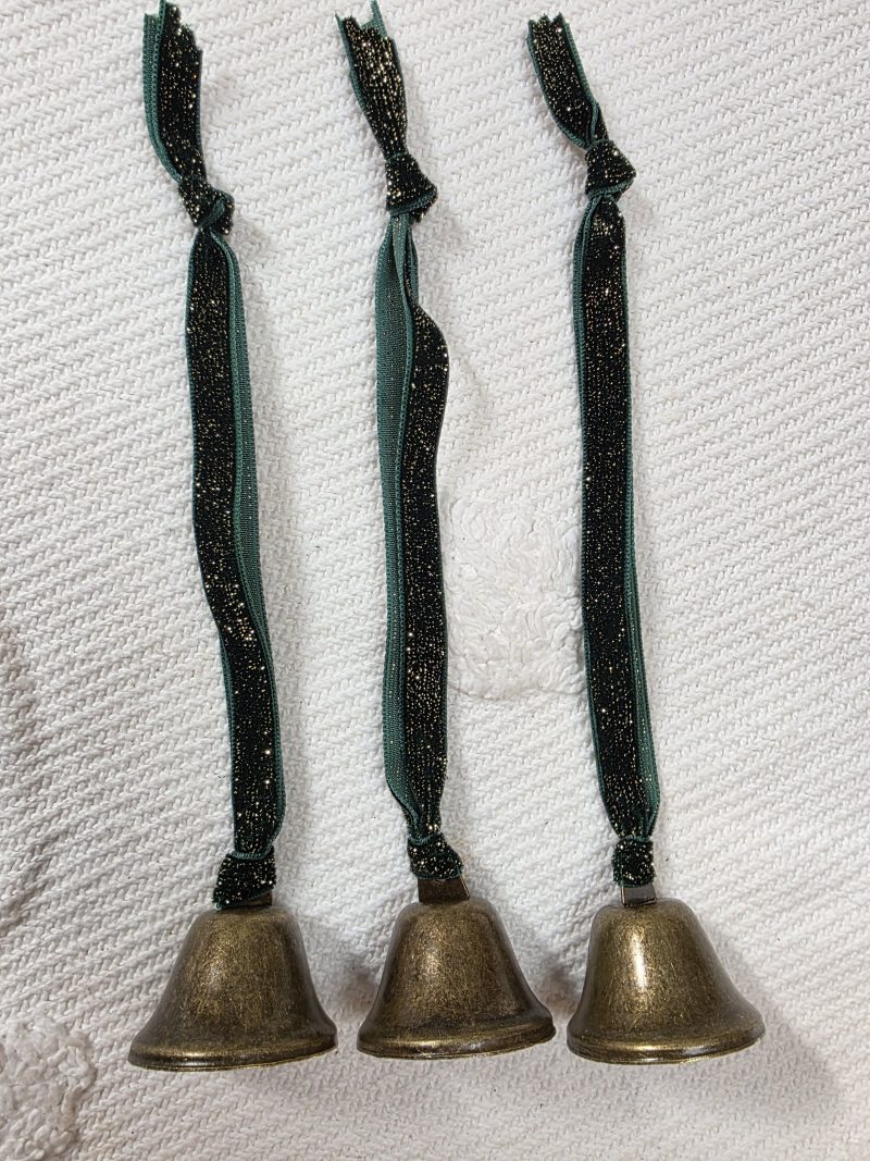 3 Bronze Jingle Bells with Forest Green and Gold Velvet Hangers
