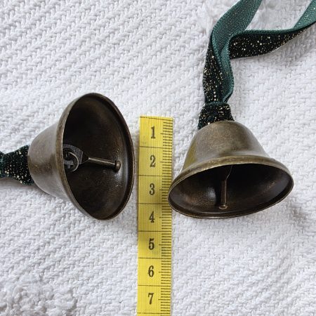 3 Bronze Jingle Bells with Forest Green and Gold Velvet Hangers