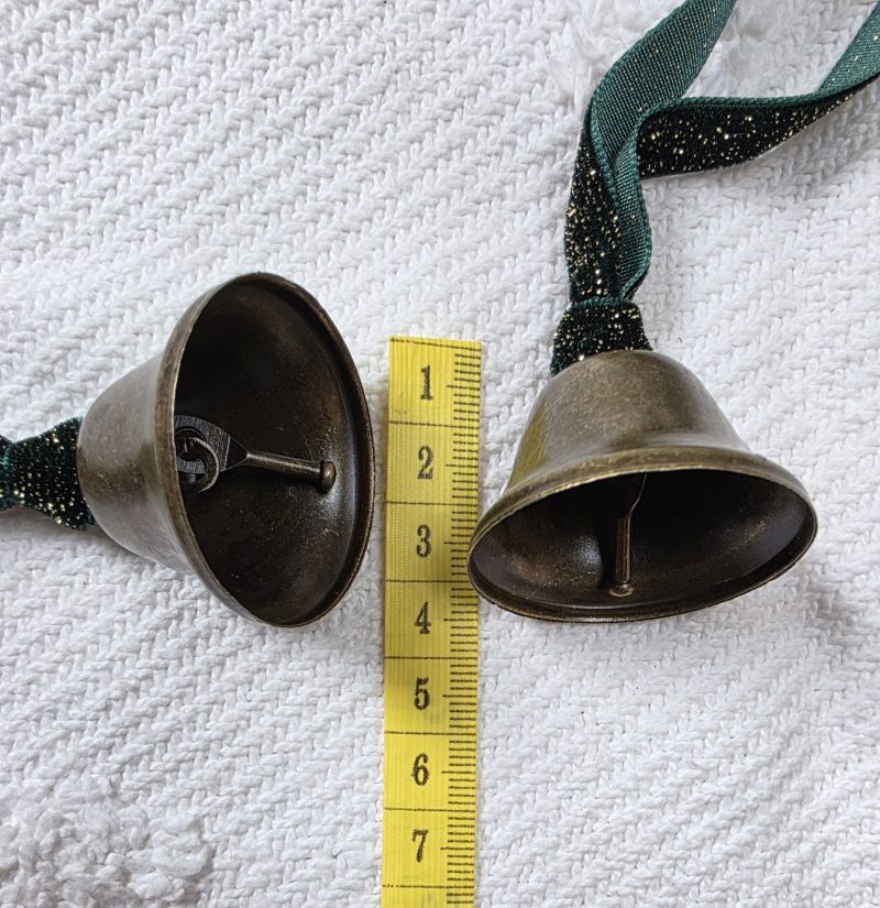 3 Bronze Jingle Bells with Forest Green and Gold Velvet Hangers