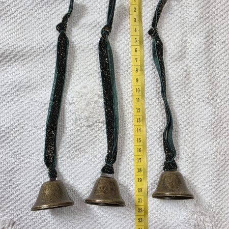 3 Bronze Jingle Bells with Forest Green and Gold Velvet Hangers