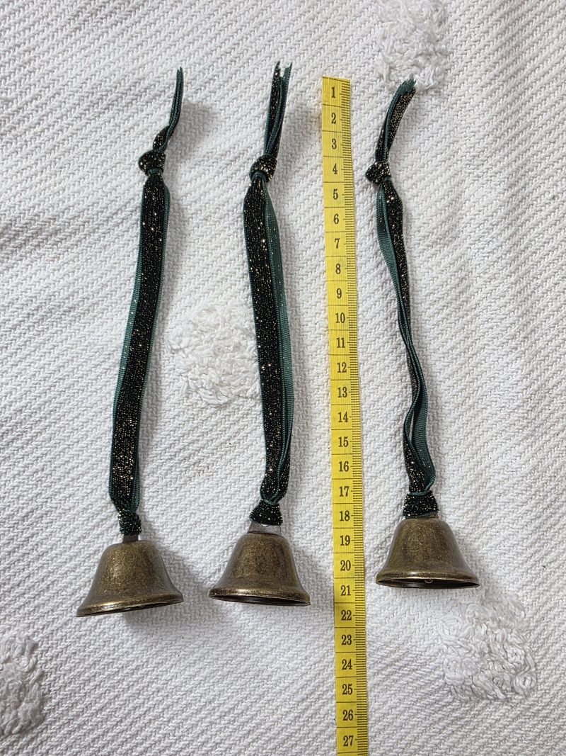 3 Bronze Jingle Bells with Forest Green and Gold Velvet Hangers