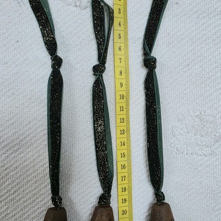 3 Rusty Bells with Forest Green and Gold Sparkle Velvet Hangers