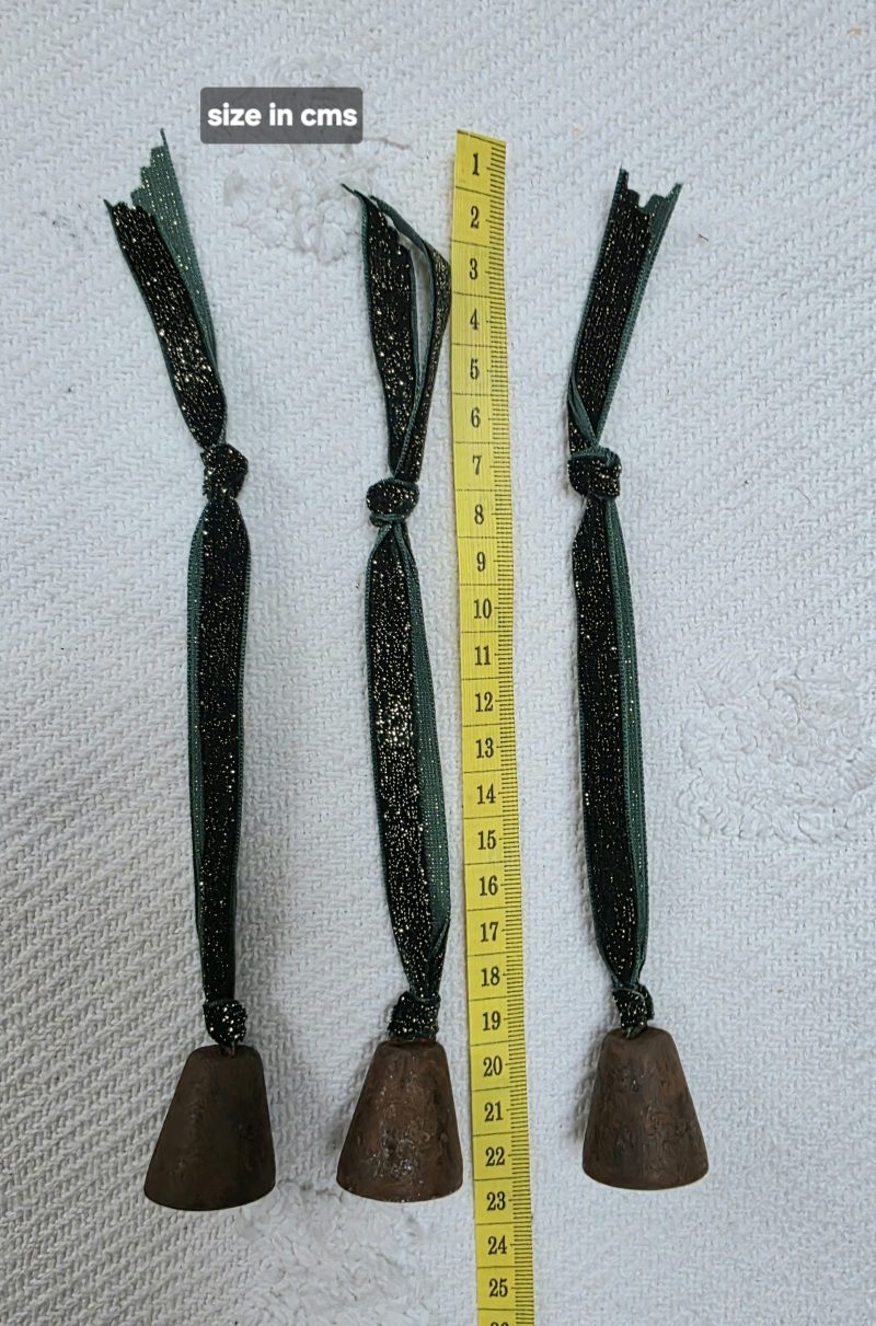 3 Rusty Bells with Forest Green and Gold Sparkle Velvet Hangers