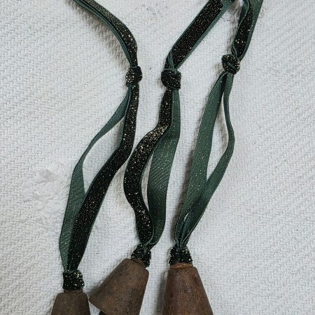 3 Rusty Bells with Forest Green and Gold Sparkle Velvet Hangers