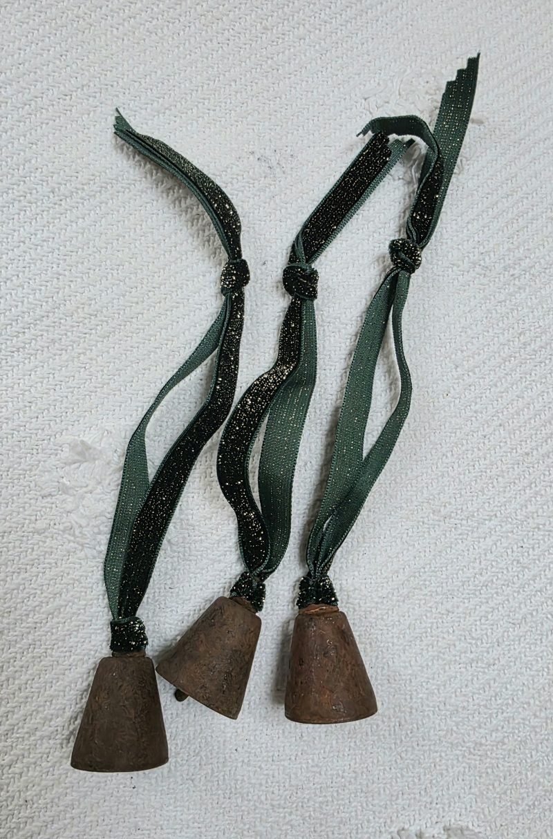 3 Rusty Bells with Forest Green and Gold Sparkle Velvet Hangers