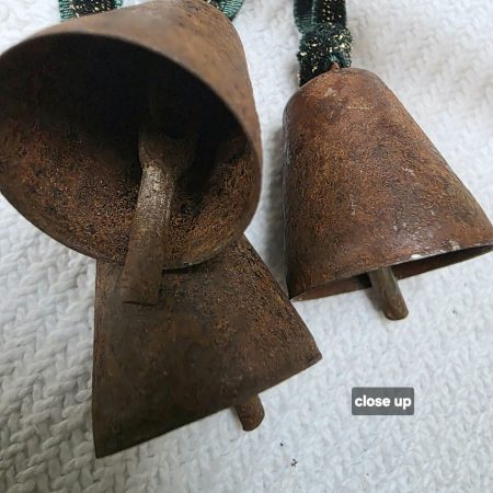 3 Rusty Bells with Forest Green and Gold Sparkle Velvet Hangers