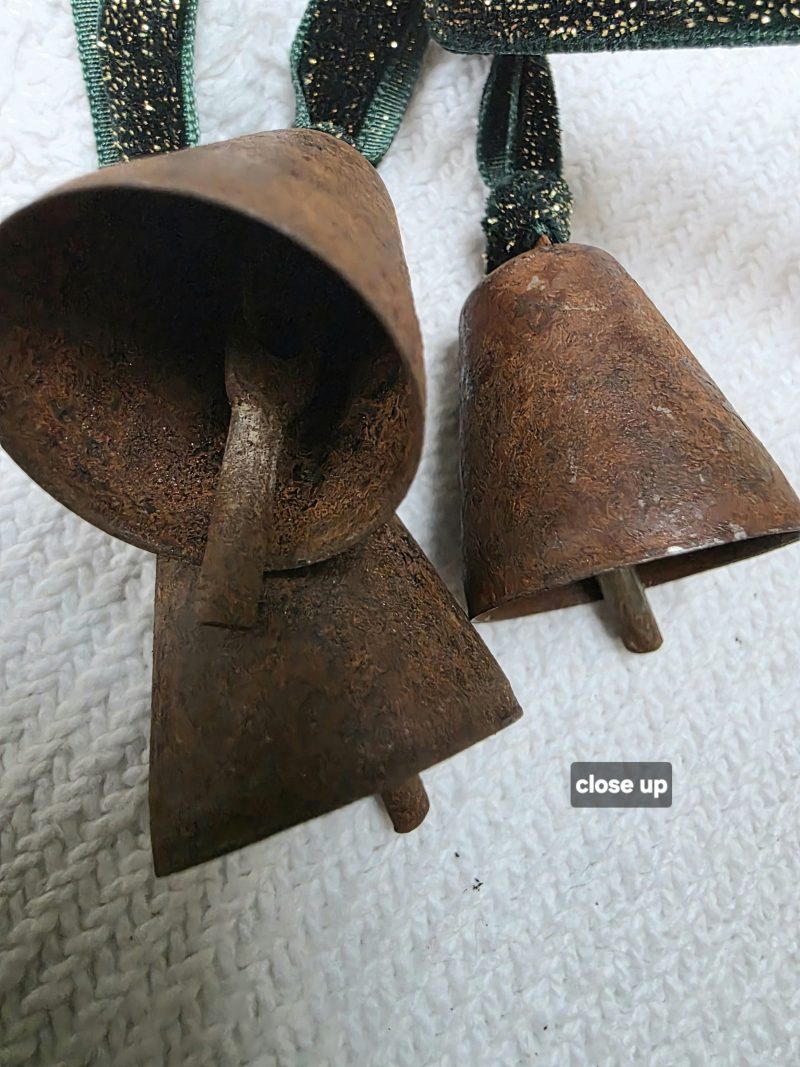 3 Rusty Bells with Forest Green and Gold Sparkle Velvet Hangers