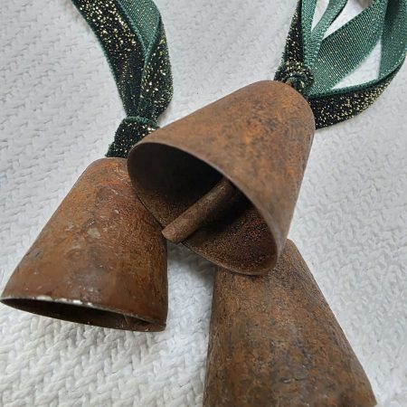 3 Rusty Bells with Forest Green and Gold Sparkle Velvet Hangers