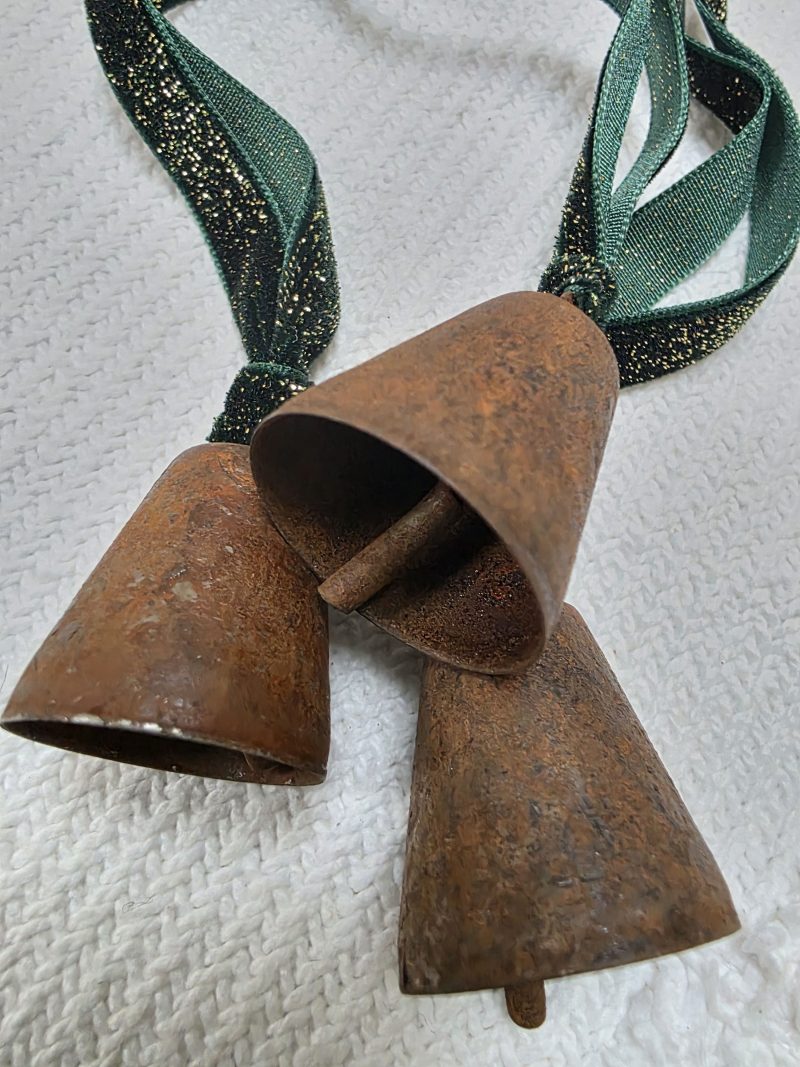 3 Rusty Bells with Forest Green and Gold Sparkle Velvet Hangers