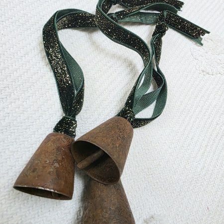 3 Rusty Bells with Forest Green and Gold Sparkle Velvet Hangers