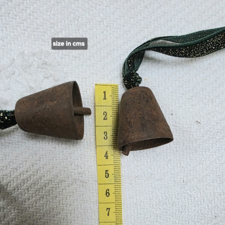 3 Rusty Bells with Forest Green and Gold Sparkle Velvet Hangers