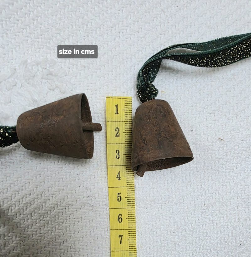 3 Rusty Bells with Forest Green and Gold Sparkle Velvet Hangers