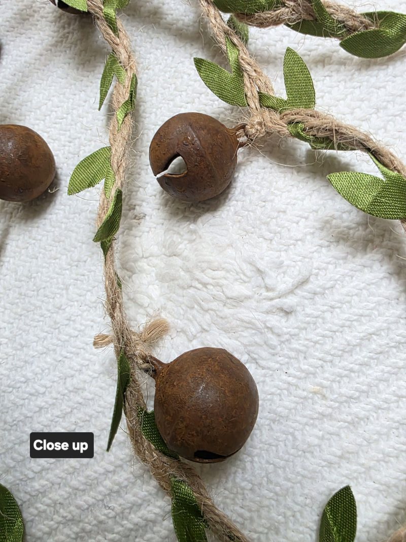 Leafy Jute Twine Garland of 7 Very Jinglely Rusty Round Bells