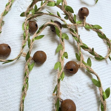 Leafy Jute Twine Garland of 7 Very Jinglely Rusty Round Bells