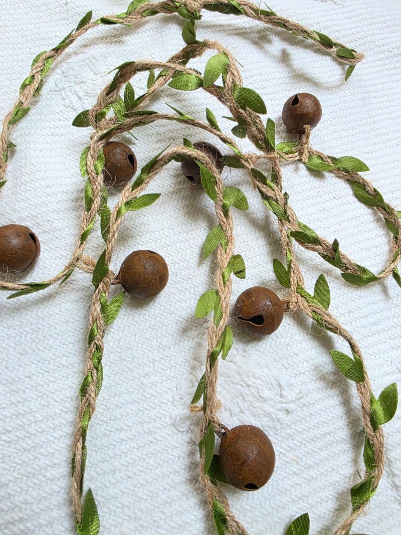 Leafy Jute Twine Garland of 7 Very Jinglely Rusty Round Bells