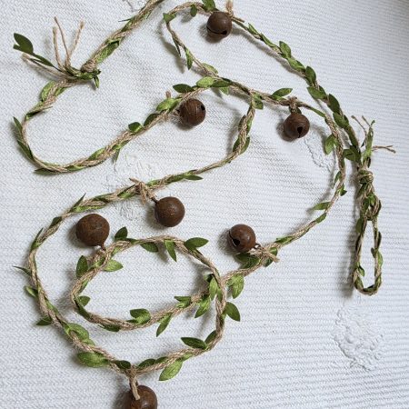 Leafy Jute Twine Garland of 7 Very Jinglely Rusty Round Bells
