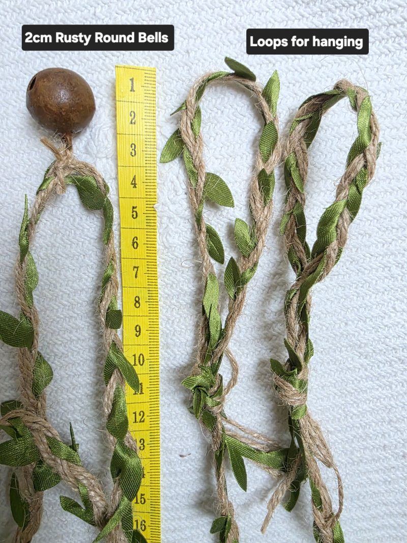 Leafy Jute Twine Garland of 7 Very Jinglely Rusty Round Bells