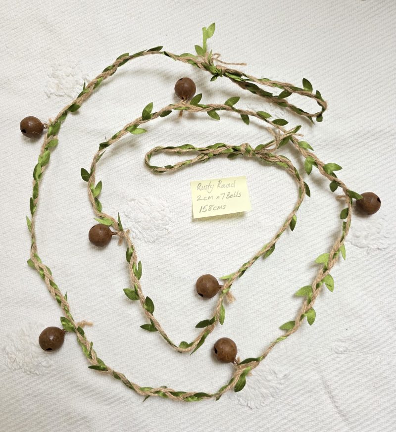 Leafy Jute Twine Garland of 7 Very Jinglely Rusty Round Bells