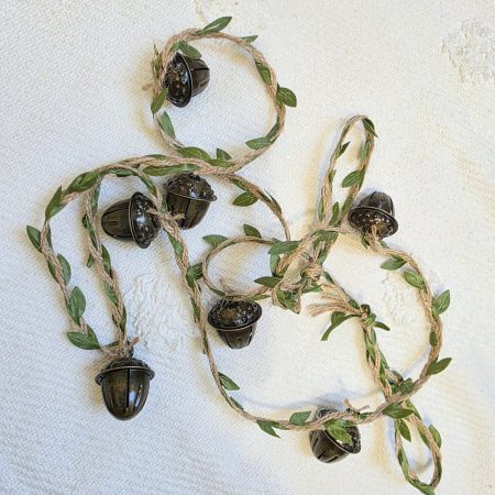 Garland of Seven Bronze Acorn Bells on Leafy Jute Twine