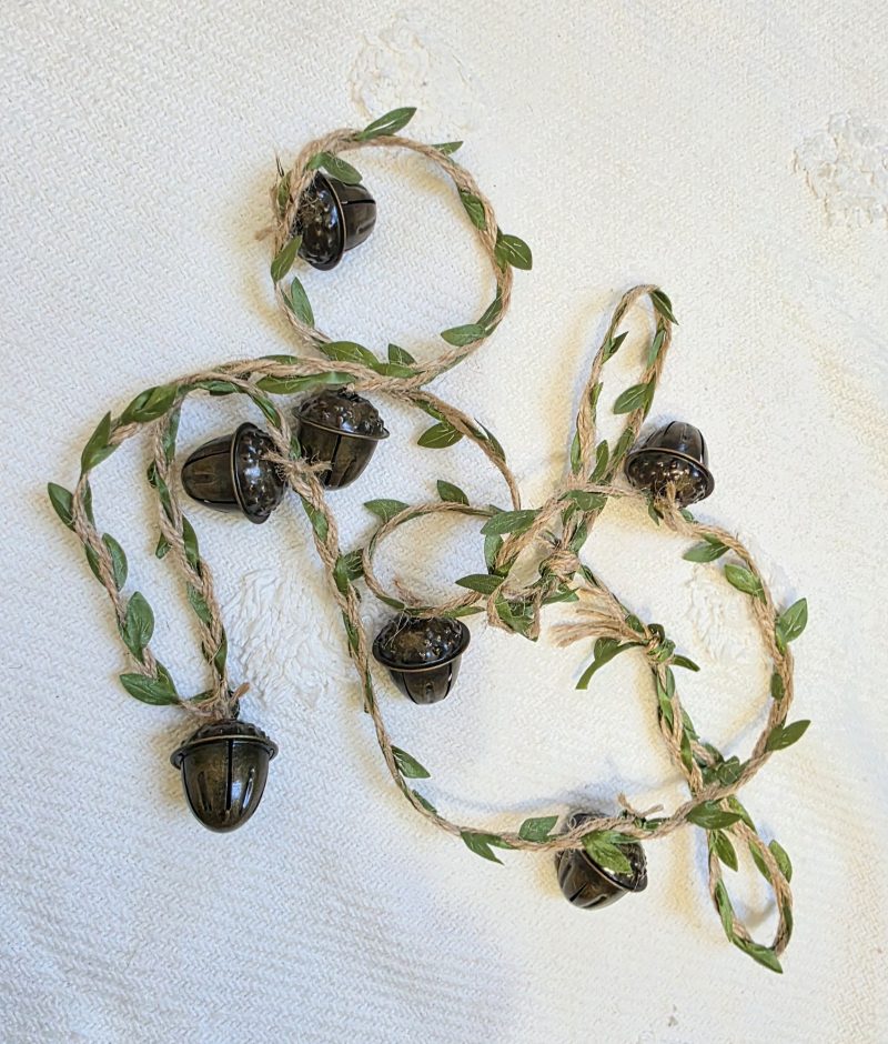 Garland of Seven Bronze Acorn Bells on Leafy Jute Twine