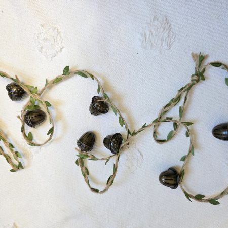 Garland of Seven Bronze Acorn Bells on Leafy Jute Twine