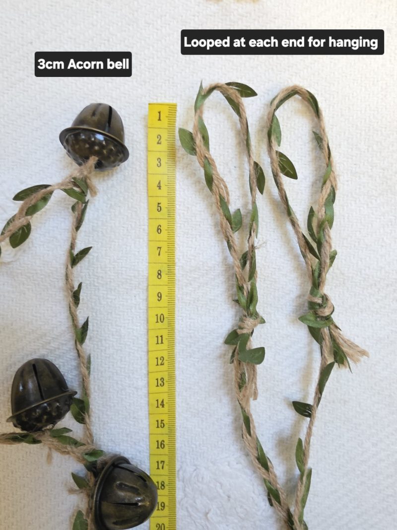 Garland of Seven Bronze Acorn Bells on Leafy Jute Twine