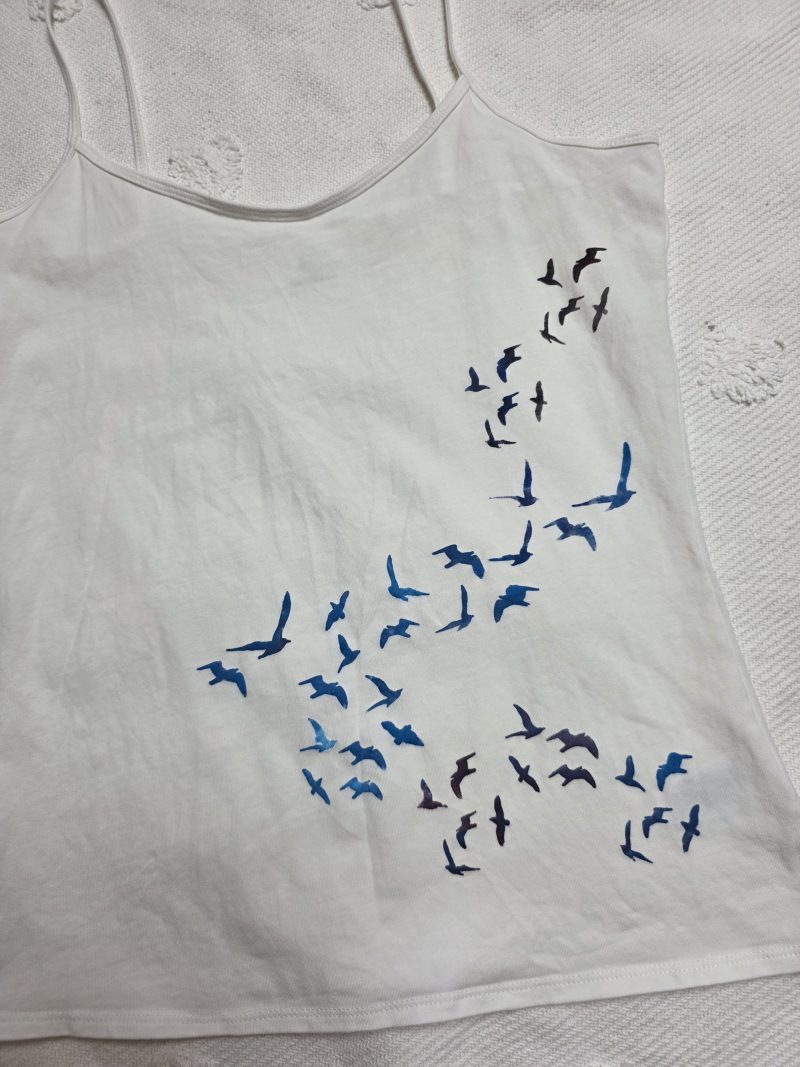 White Cotton Cami Vest with Hand Painted Birds