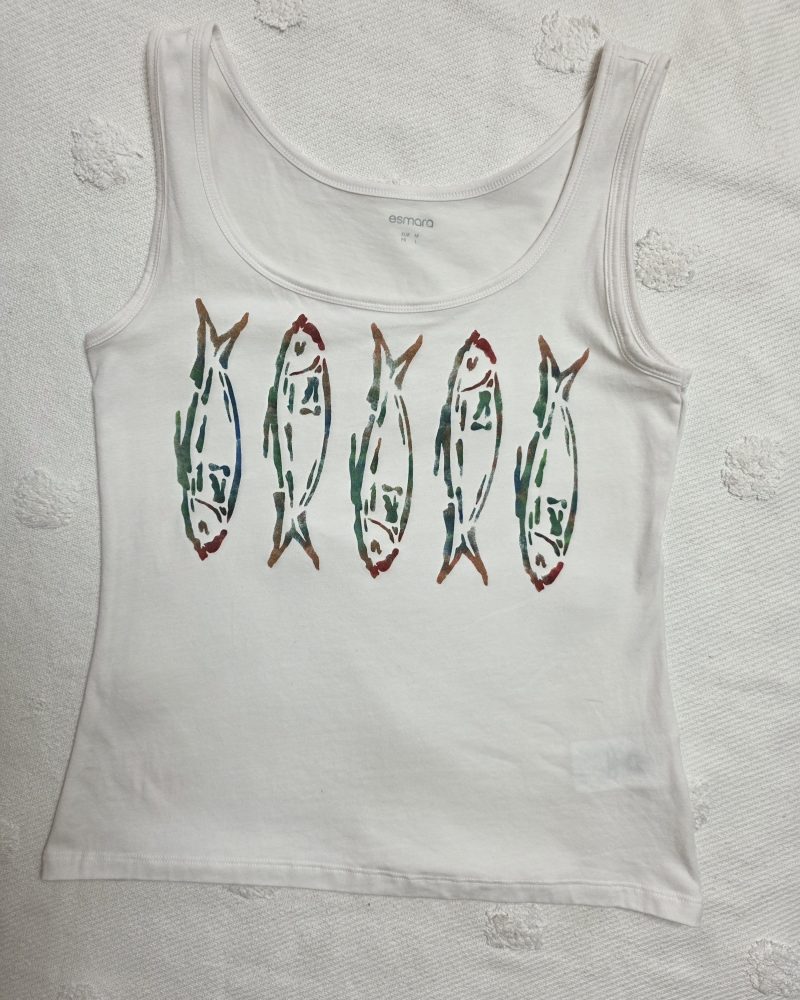 Hand-painted sardines tank vest, organic cotton, size 12
