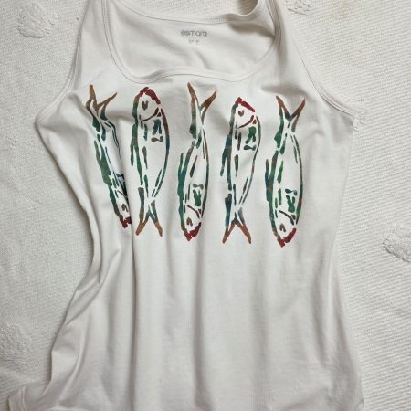 Hand-painted sardines tank vest, organic cotton, size 12