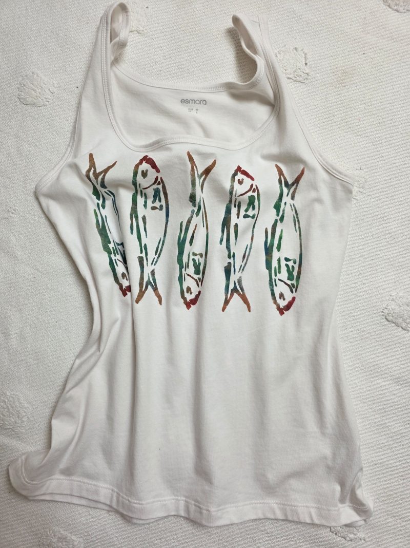 Hand-painted sardines tank vest, organic cotton, size 12