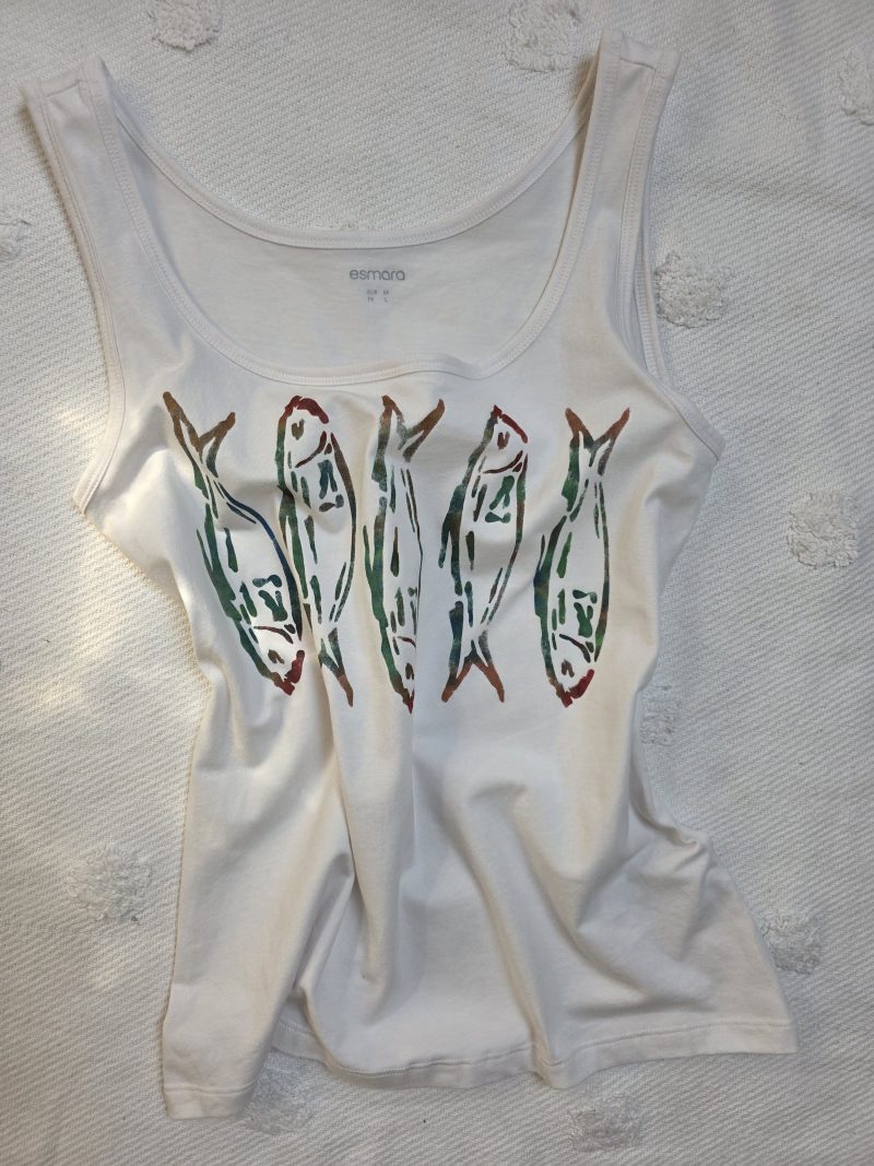 Hand-painted sardines tank vest, organic cotton, size 12