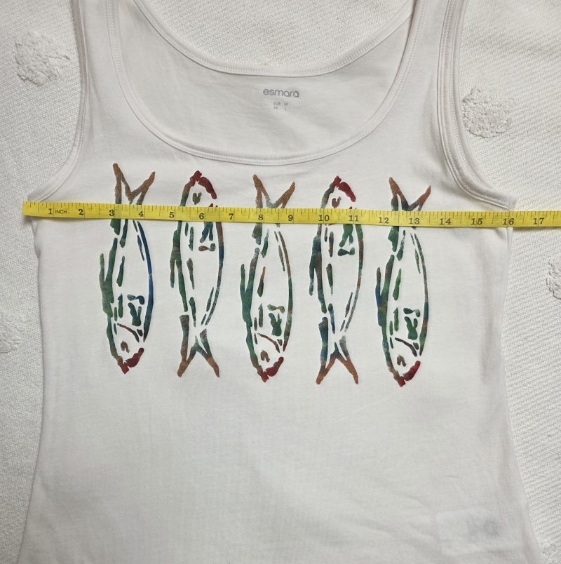 Hand-painted sardines tank vest, organic cotton, size 12