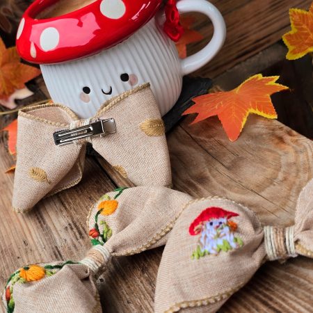 Hair Bow with Autumn- Inspired Embroidery