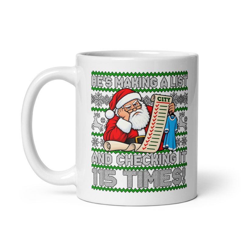 Funny Man City Christmas Mug – White Ceramic 11oz – Santa 115 Charges Design