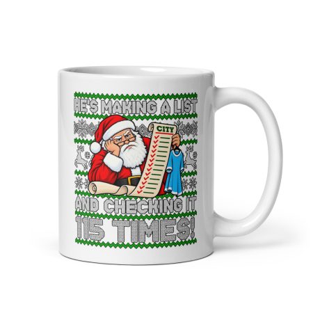 Funny Man City Christmas Mug – White Ceramic 11oz – Santa 115 Charges Design